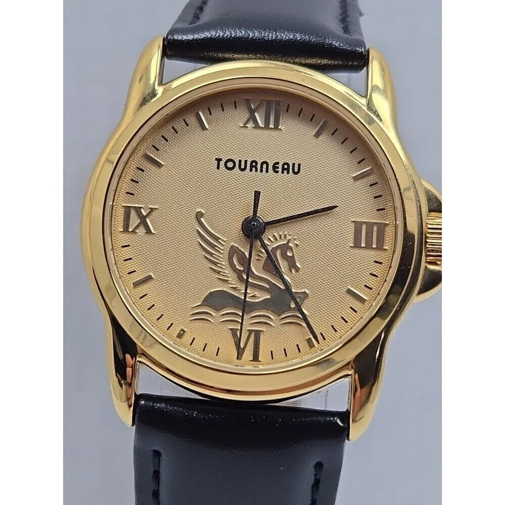 Tourneau Pegasus Limited Edition Gold Tone Black Leather Quartz Watch New Batter